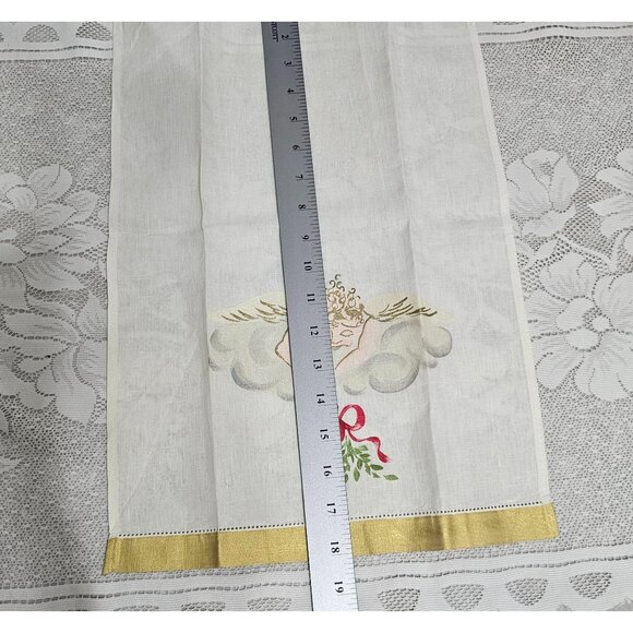 Christmas Angel Handpainted Linen Tea Towels set/4 gold trim cherub holiday desi - Picture 6 of 8